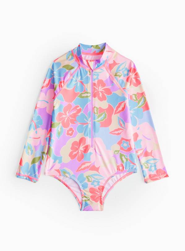 Neon Pink Floral Long Sleeve Swimsuit  6 years